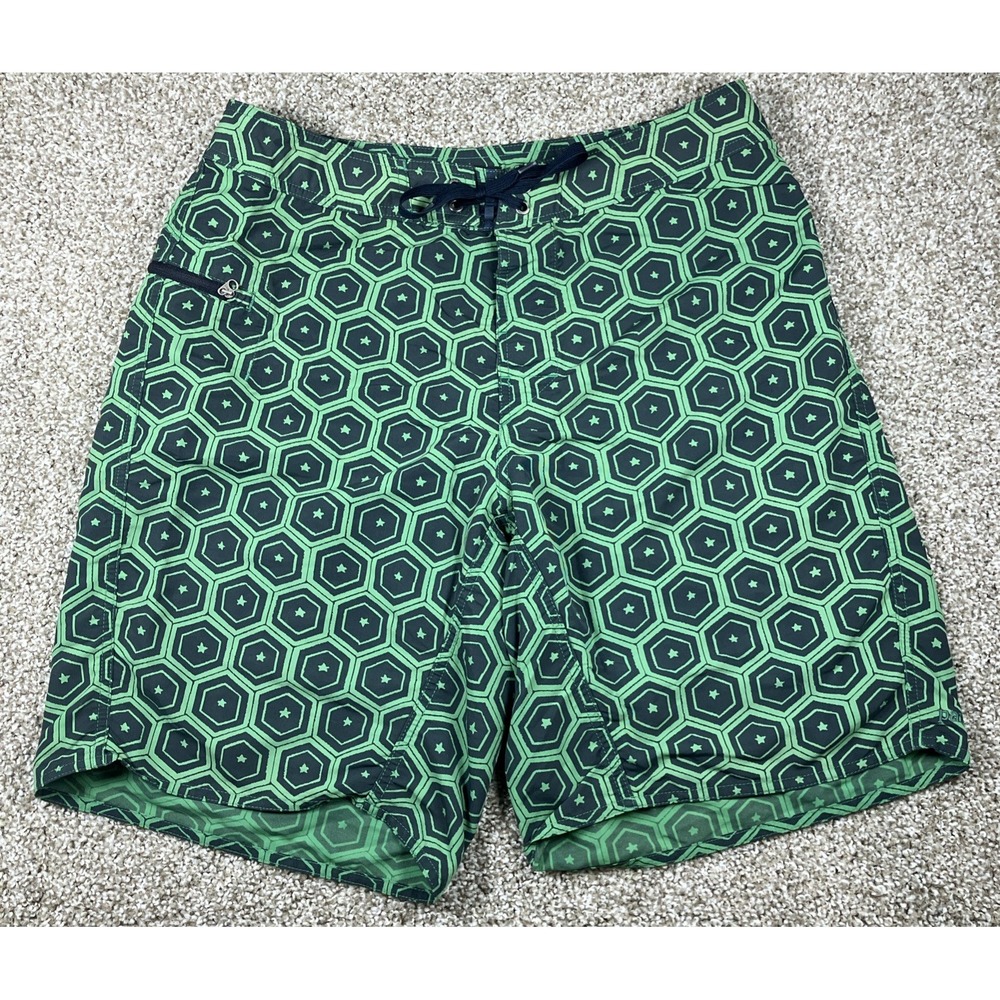 Patagonia Board Shorts Green Men's Size 33 Drawstring Surf Swim Trunks Geometric